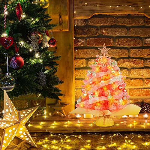 Mini Pink Christmas Tree with Lights, Tabletop Decor G9553