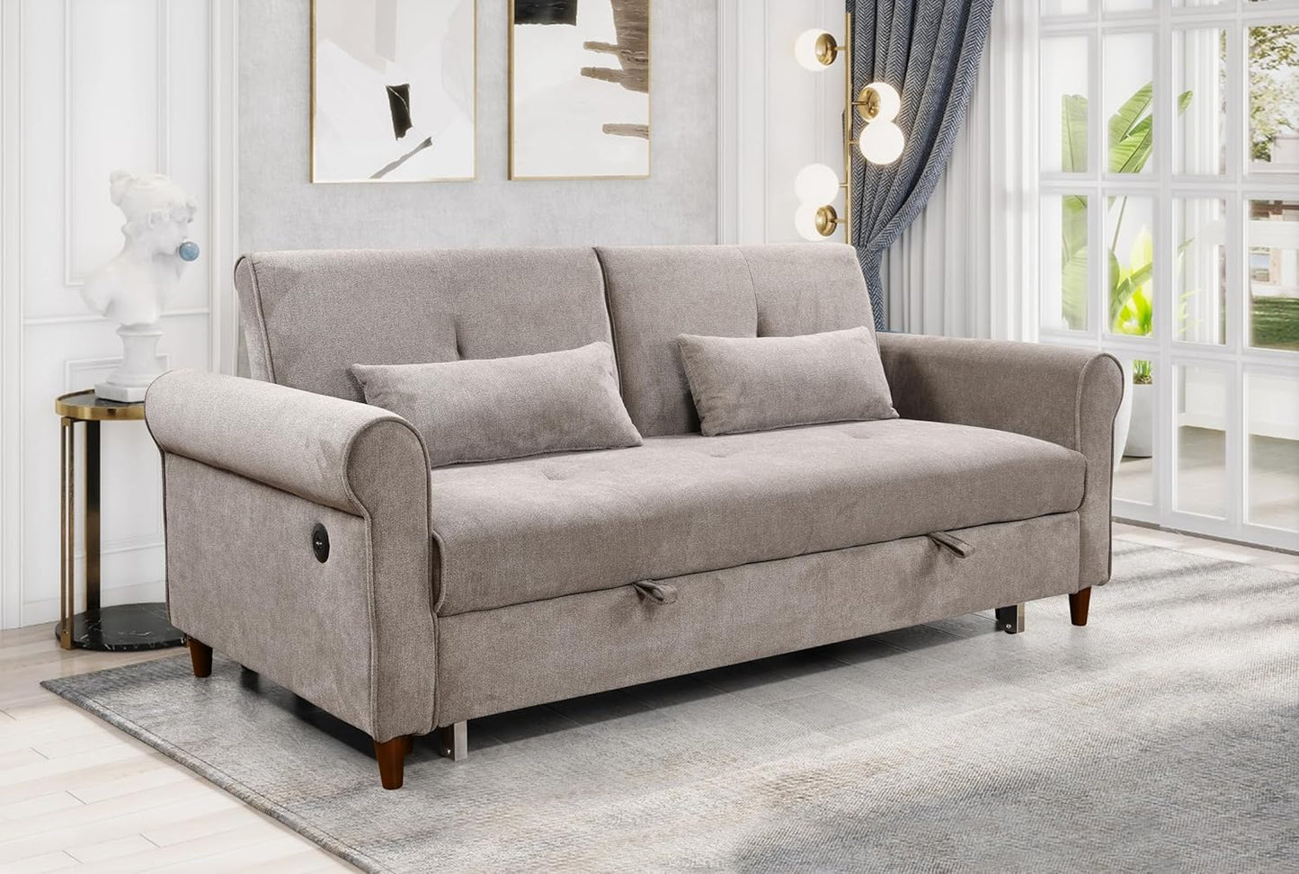 3 in 1 Convertible Sleeper Sofa Bed, Modern Fabric Loveseat Futon Sofa Couch with Pullout Bed,2 Pillows,Small Love Seat Lounge Sofa with Rolled Arm,USB Charging Port, Furniture for Living Room, Brown