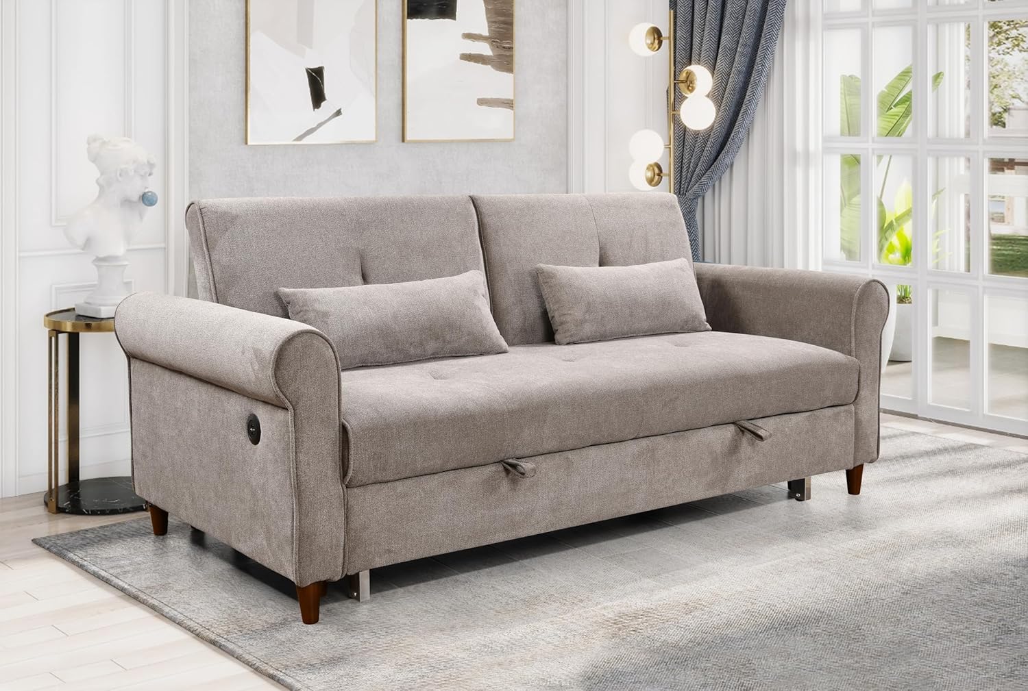 3 in 1 Convertible Sleeper Sofa Bed, Modern Fabric Loveseat Futon Sofa Couch with Pullout Bed,2 Pillows,Small Love Seat Lounge Sofa with Rolled Arm,USB Charging Port, Furniture for Living Room, Brown