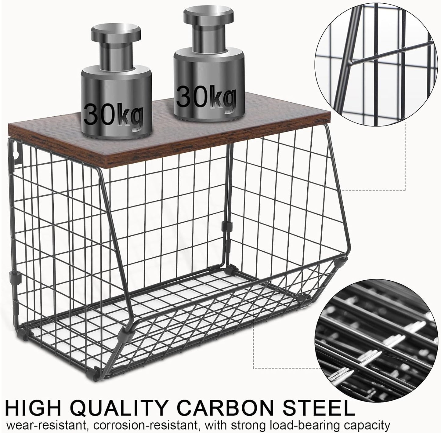 Fruit Basket for Kitchen Counter with Hooks, Stackable Wire Storage L66720