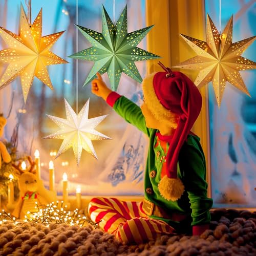 12 Pcs Christmas Paper Star Lantern 9 Point Hanging Ornament with String Light H44991