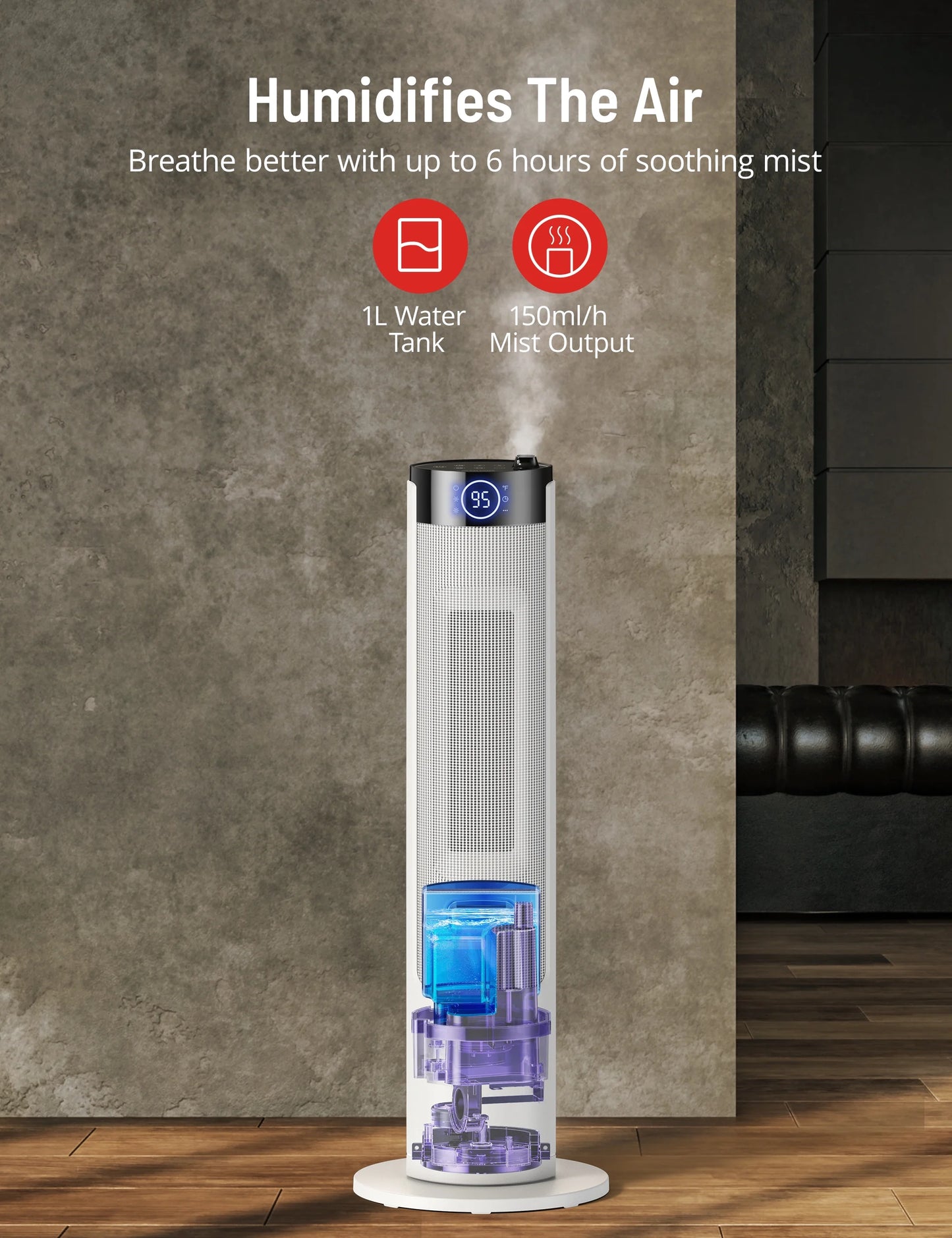 Tower Space Heater with Humidifier, 3 Heat Levels, 12H Timer K6307