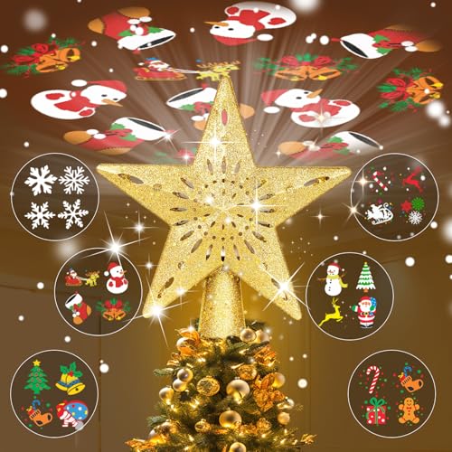 Silver 3D Glitter Christmas Tree Topper with LED Rotating Lights Q176