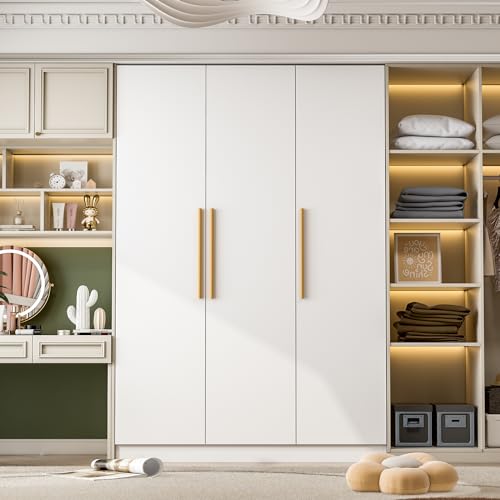 Large Armoire Wardrobe with 3 Doors, 1 Top Storage Space, 1 Hanging Space, 4 Closed Shleves, Clothes Organizer for Bedroom, White (47.2”W x 18.9”D x 70”H)
