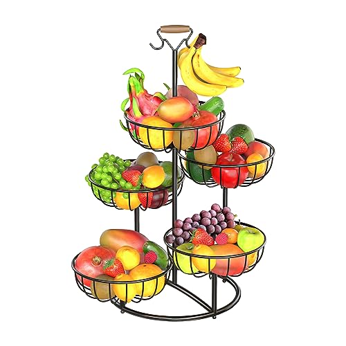 5 Tier Fruit Basket Bowl with Banana Hanger, Metal Wire Vegetable Holder Rack for Kitchen Counter, Large Capacity Countertop Produce Storage Organizer Stand for Snack Bread (Black)