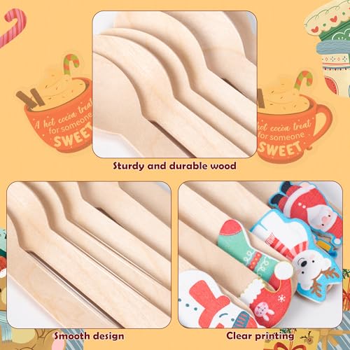Christmas Wooden Spoons 100 Pack Disposable with Snowman Tree Tags U995