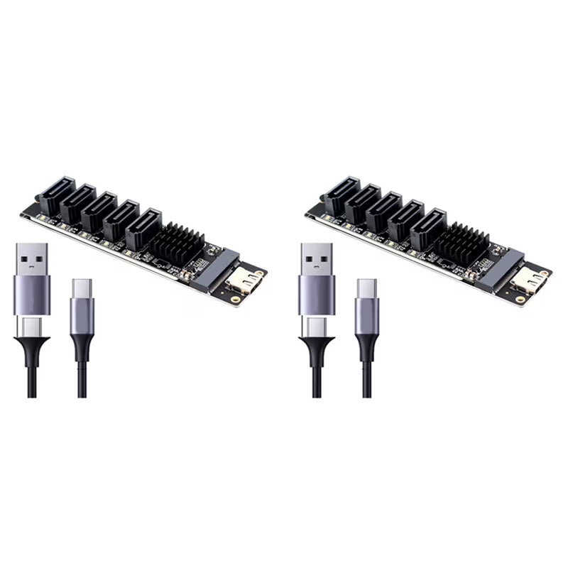2X TYPE-C to SATA3.0 5 Ports Adapter Converter Card 6Gbps USB10G JM575+JMS580 for SSD HDD Expansion,2 x Expansion Card 2 x Data Cable,Black