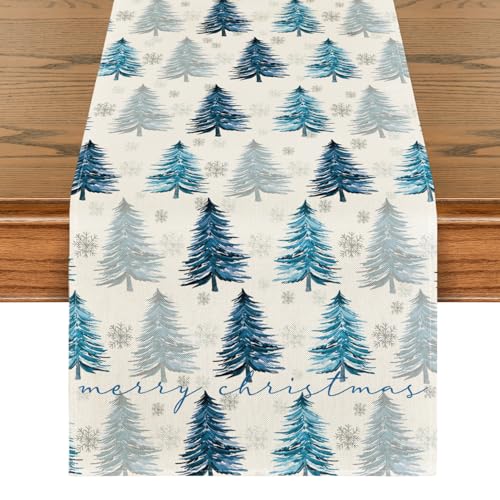 Snowflake Christmas Table Runner, Winter Green Kitchen Dining Decoration 13x72 Inch G642