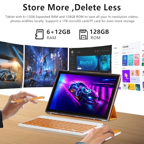 Tablet 10 Inch, 18GB RAM 128GB ROM, 2 in 1 with Keyboard Mouse Stylus K7381