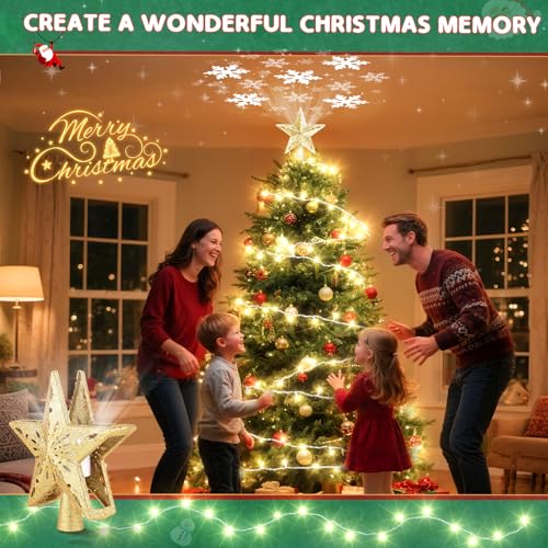 Christmas Tree Topper Lighted with 6 Projection Slides, Snowflake LED Rotating 3D Glitter Tree Topper O28849