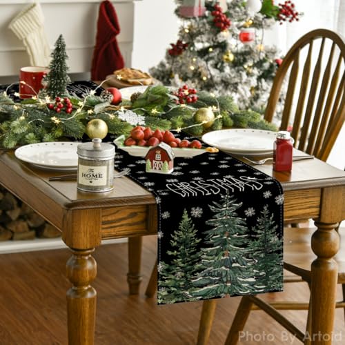 Beige Pine Tree Snowflake Christmas Table Runner, Winter Holiday Kitchen Dining Table Decor, 13 x 72 Inch Z426