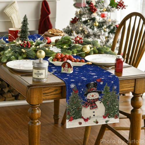 Snowman Christmas Birds Trees Table Runner, Winter Holiday Kitchen Dining Table Decoration, 13 x 72 Inch Z2031