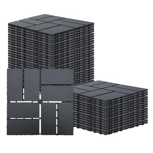 Plastic Interlocking Deck Tiles Outdoor All Weather Waterproof 12 PCS 12"x12" Flooring Deck Tiles Patio Floor Tile for Pool Balcony Backyard Porch, Dark Grey