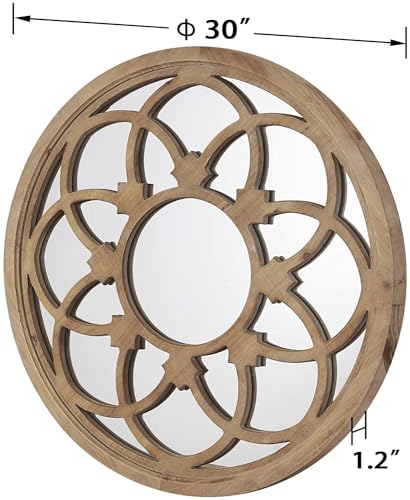 Rustic 30" Round Wall Mirror with Wood Frame J1533