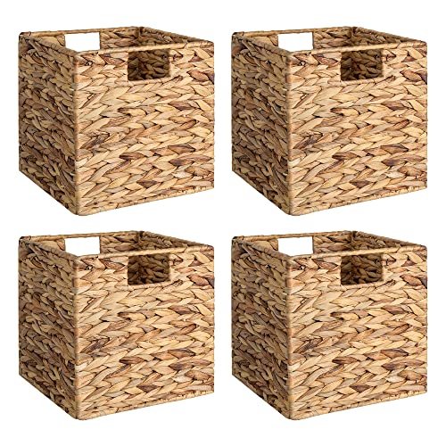 StorageWorks Wicker Storage Cubes with Liners, Water Hyacinth Storage Baskets for Shelving, Handwoven Square Baskets with Built-in Handles, Medium, 4 Pack Natural
