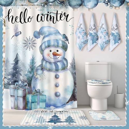 7 Pcs Christmas Shower Curtain Set with Non Slip Rugs, Toilet Cover and Towels U40957