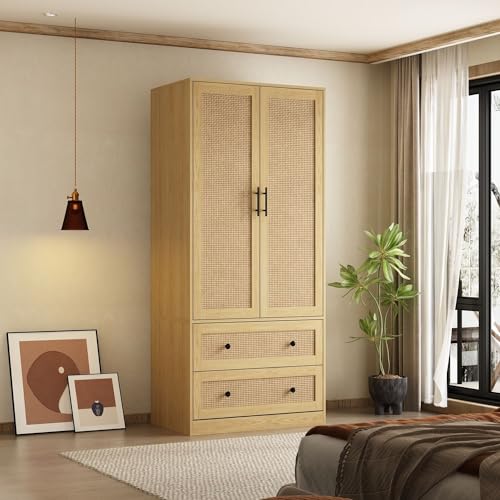 Rattan Door Wardrobe Closet with 2 Drawers and Shelves, Hanging Rod H5995