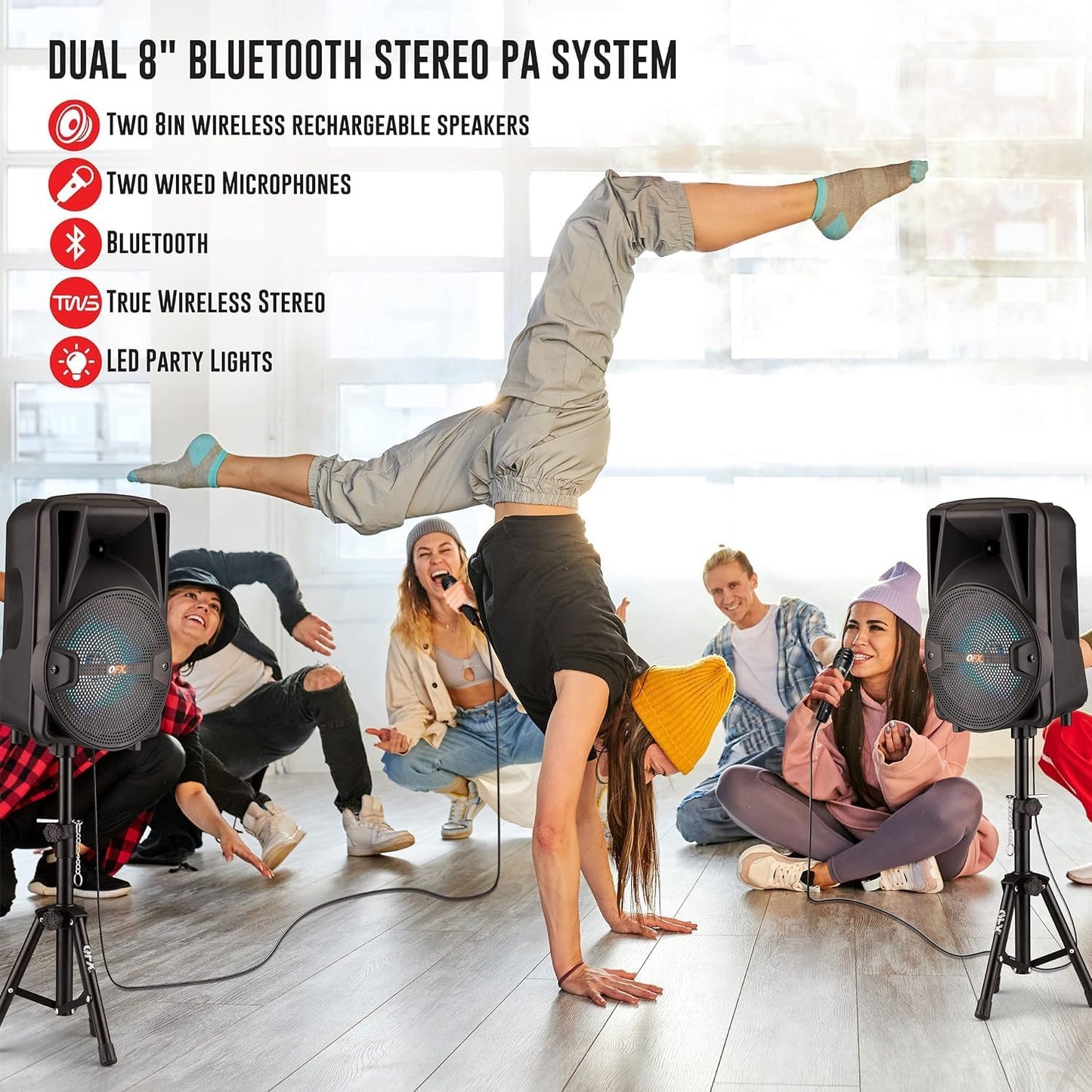 8-Inch TWS Bluetooth Stereo PA System with 2 Microphones and Stands J937036