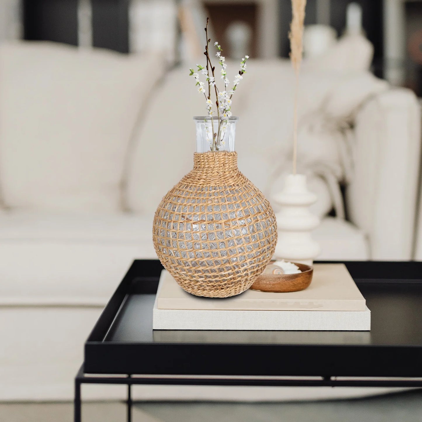 Rattan Glass Vase with Gold Terrarium Jar R58600