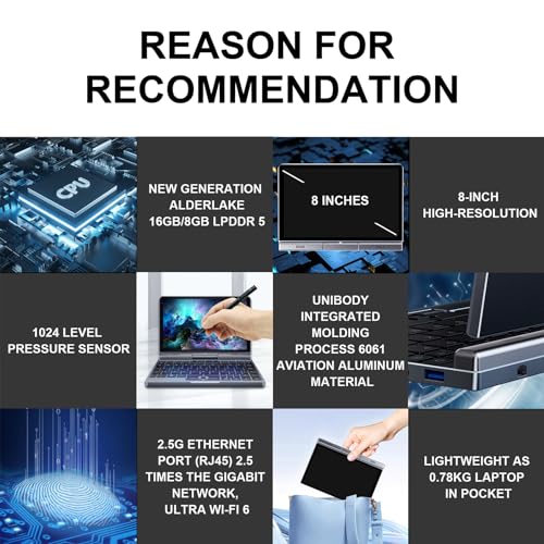 8 inch Mini Laptop HD Touchscreen Portable 2-in-1 Computer, Windows 11 Pro, 12GB RAM 512GB SSD H556178