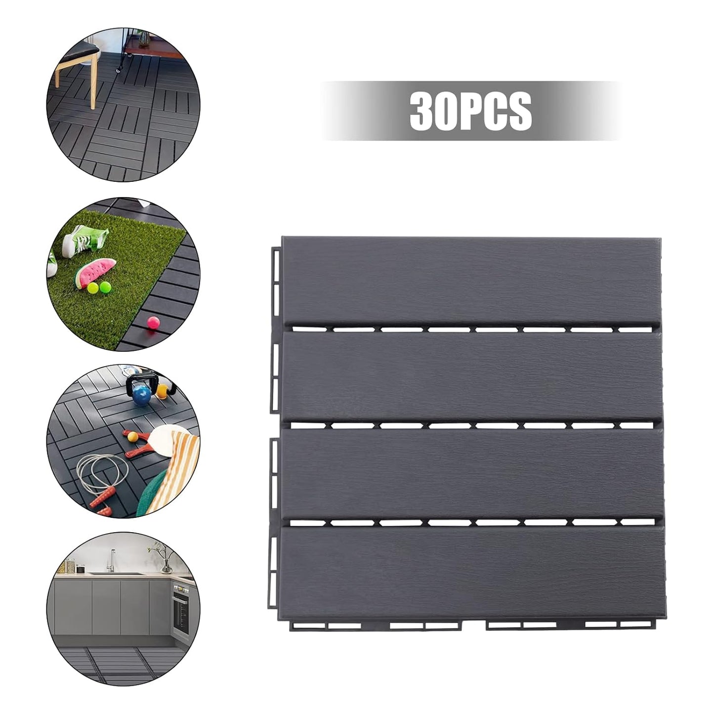 Interlocking Deck Tiles 12"x12" (Pack of 30), Outdoor Patio Flooring, Dark Gray V544404