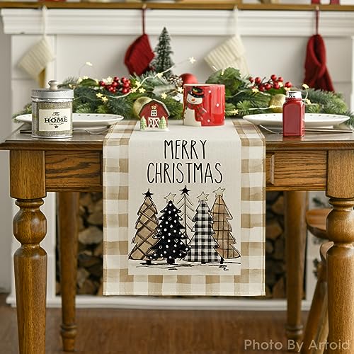 Buffalo Plaid Christmas Trees Table Runner, Winter Holiday Kitchen Dining Decor, 13 x 108 Inch A940