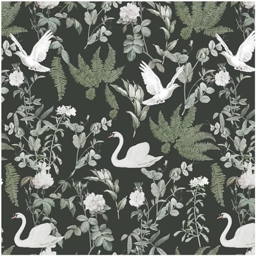 Floral Peel and Stick Wallpaper Dark Green Wallpaper 17.3"x78.8" Vintage Wallpaper Boho Bird Wallpaper Self Adhesive Removable Wallpaper for Bedroom Floral Contact Paper for Cabinets and Drawers Decor