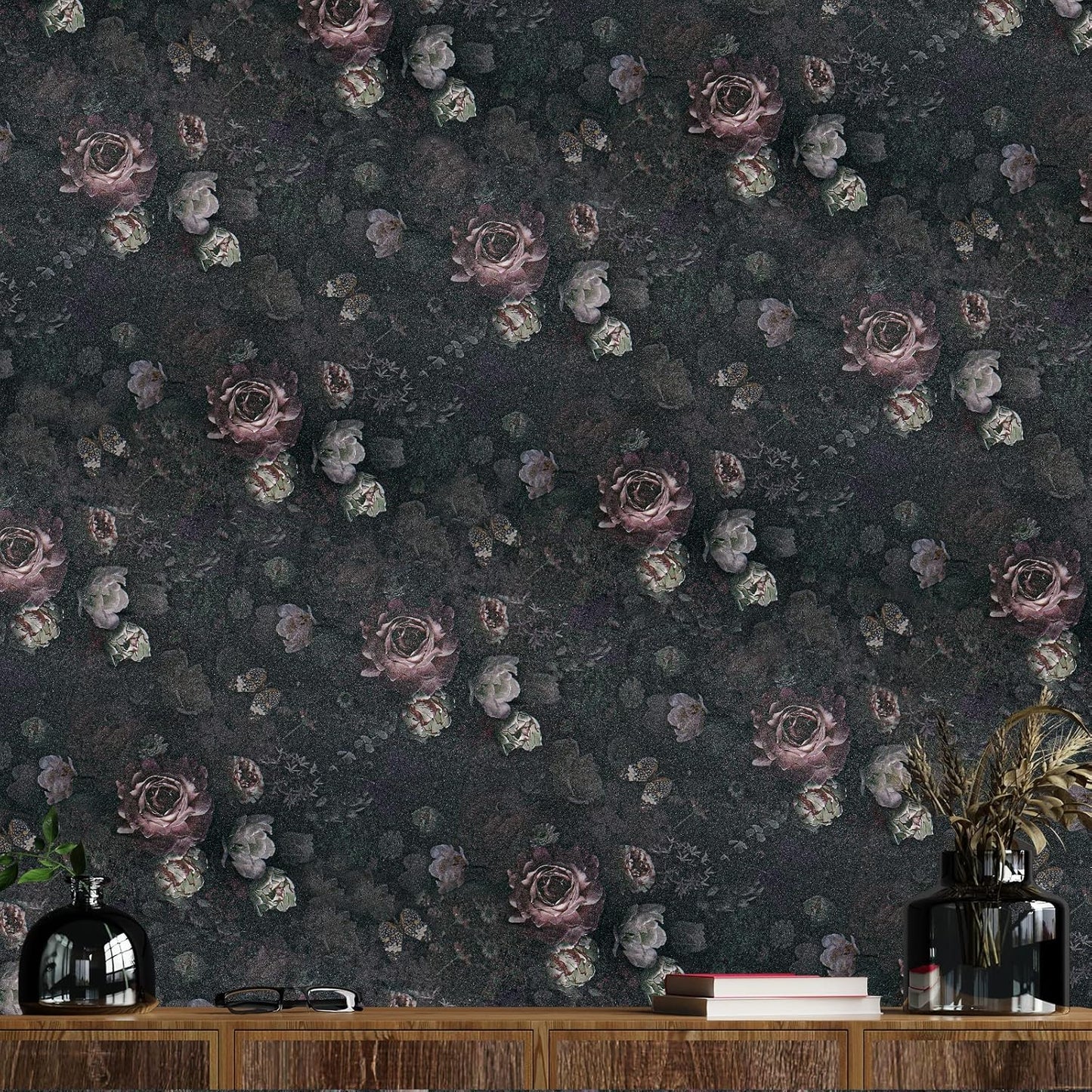 Vintage Dark Floral Peel and Stick Wallpaper Roll for Bedroom Bathroom Q71121
