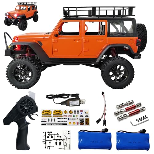RC Jeep 1/12 Off-Road Climbing Car 4x4 RC Rock Crawler RC Truck 390 Motor LED Lights RC Crawler MN128 with Metal Drive Shaft & Two 1200mAh Battery (Orange)