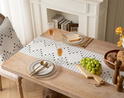 Christmas Table Runner 13 x 90 Inch Natural Cotton Woven with Tassels, Red and Beige U800