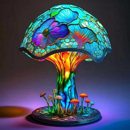 Retro Painting Mushroom Table Lamp, Bohemian Resin Mushroom Decorative Bedside Lamp,Stained Glass Plant Series Night Light for Bedroom Living Room Home Office Decor Gift (Small-15CM)