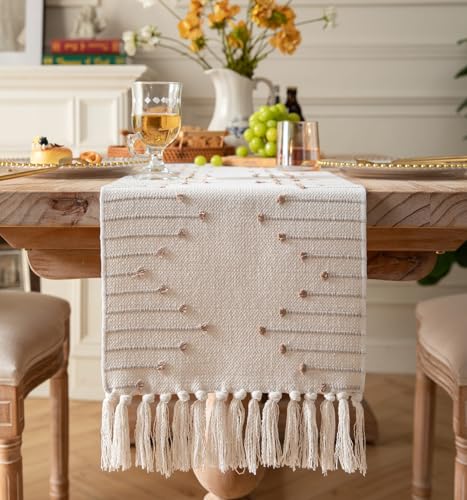 Christmas Table Runner 13 x 90 Inch Natural Cotton Woven with Tassels, Red and Beige U800