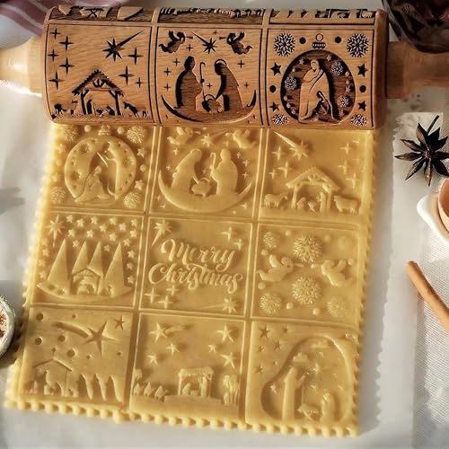 Wooden Rolling Pin for Baking with Christmas Embossed Designs, Includes Cleaning Brush O863