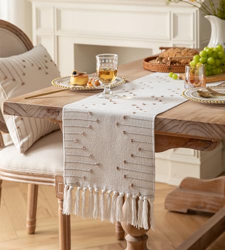 Christmas Table Runner 13 x 90 Inch Natural Cotton Woven with Tassels, Red and Beige U800