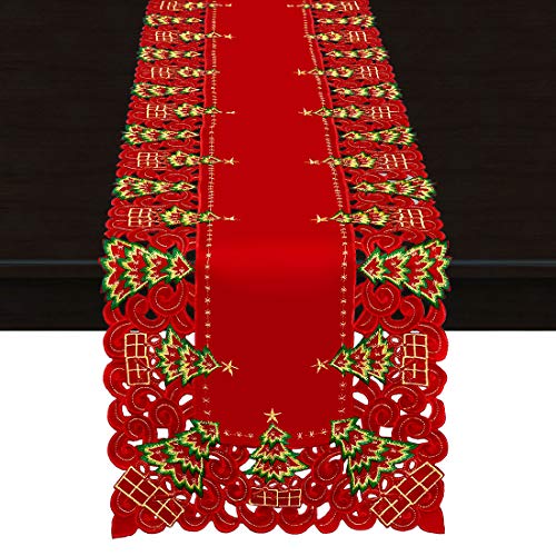 Embroidered Christmas Holly Tree Table Runner, Dresser Scarf, 16 x 72 Inch Z4281