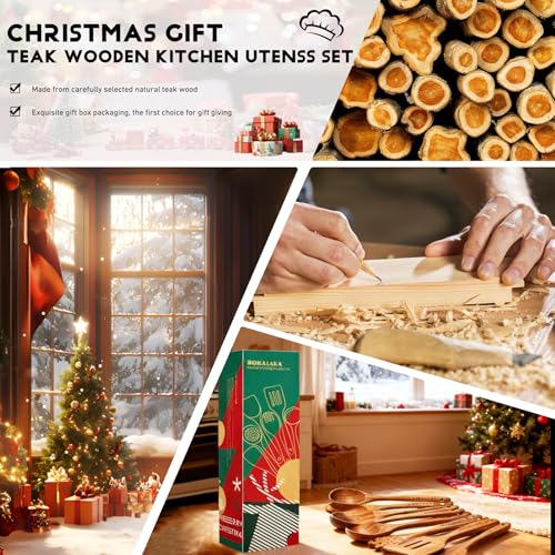 Christmas Wooden Spoons for Cooking, 10 Pcs Natural Teak Kitchen Utensils Set S557967