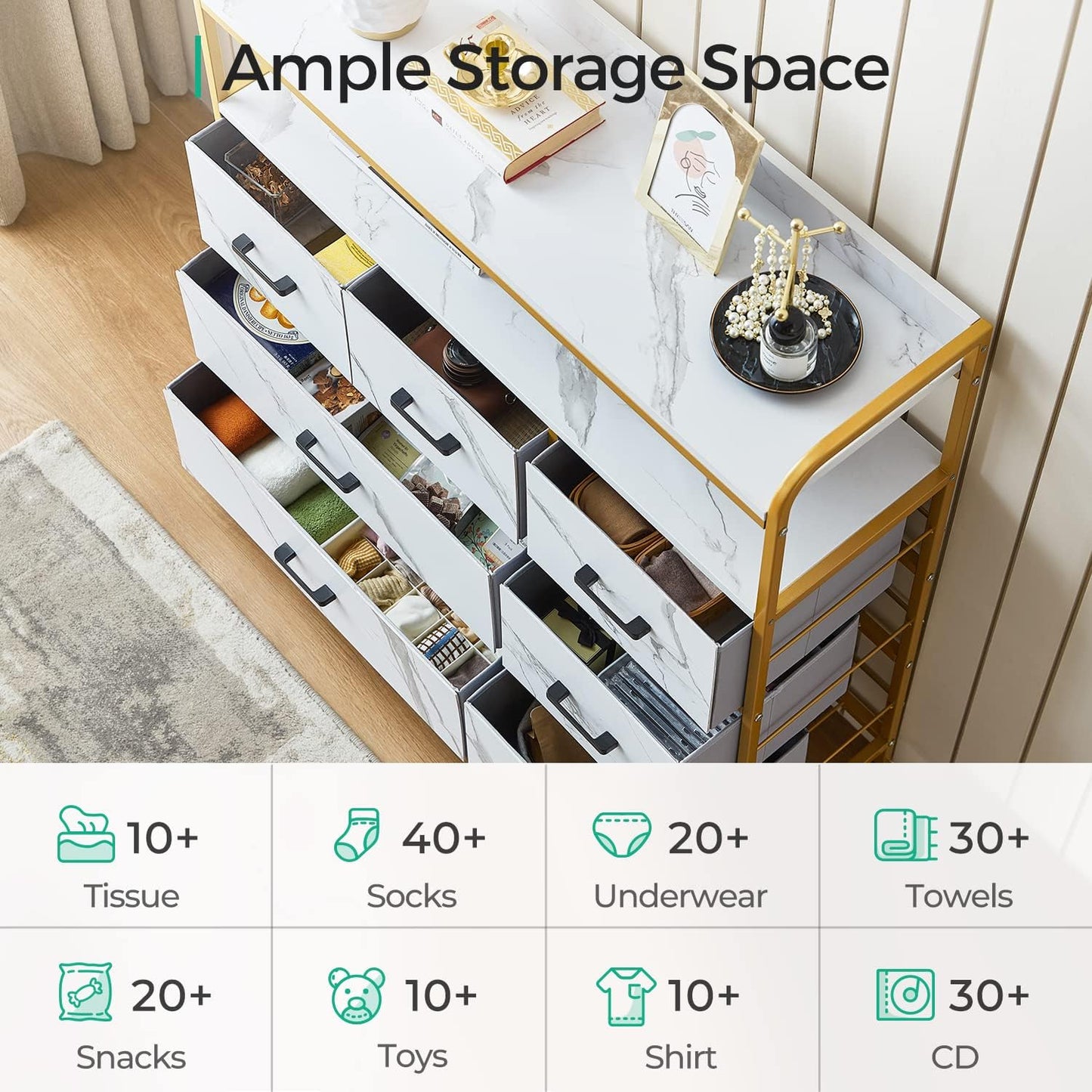 White Dresser with 7 Drawers and Double Shelf for Bedroom U12723