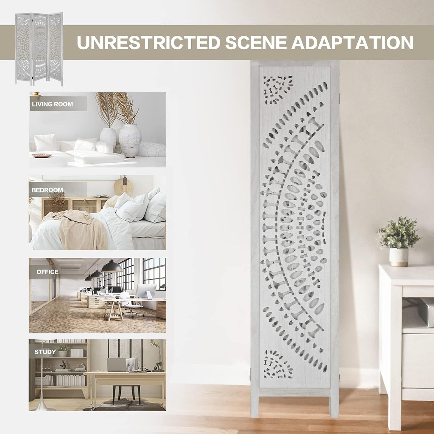 3 Panel Carved Wood Room Divider, 5.6ft Tall Folding Privacy Screen, White L96025