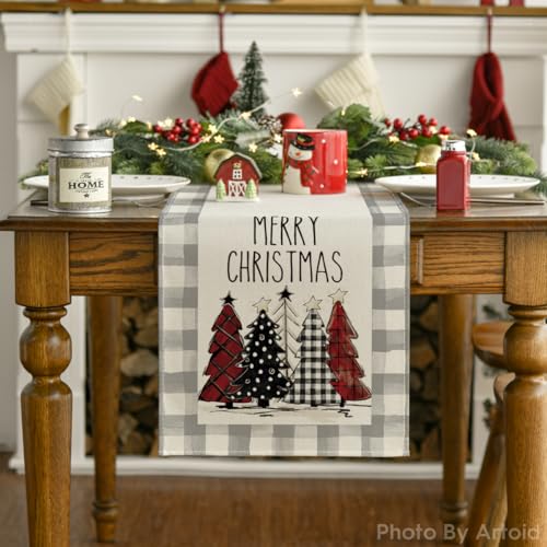 Buffalo Plaid Christmas Trees Table Runner, Winter Holiday Kitchen Dining Decor, 13 x 108 Inch A940
