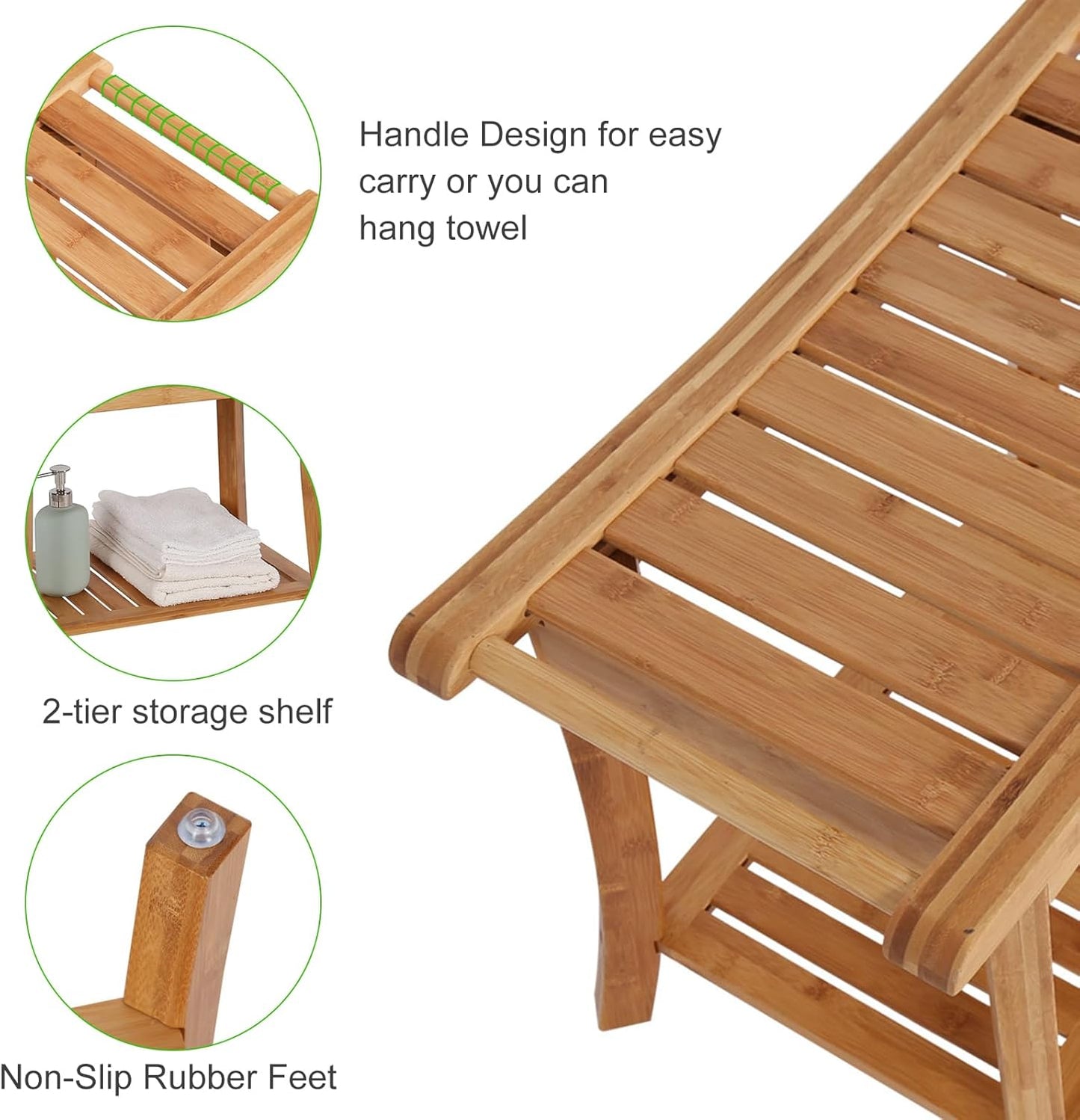 Bamboo Shower Stool with Handles and Storage Shelf X28847