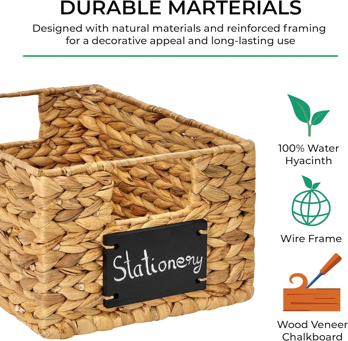 Natural Water Hyacinth Woven Storage Baskets, Rectangular Wicker Basket with Handles, Set of 6 U917104