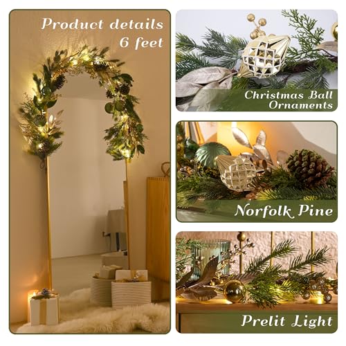 Christmas Garland with Lights, 6Ft Prelit for Mantle, Stairs Railing, Green Gold R97358