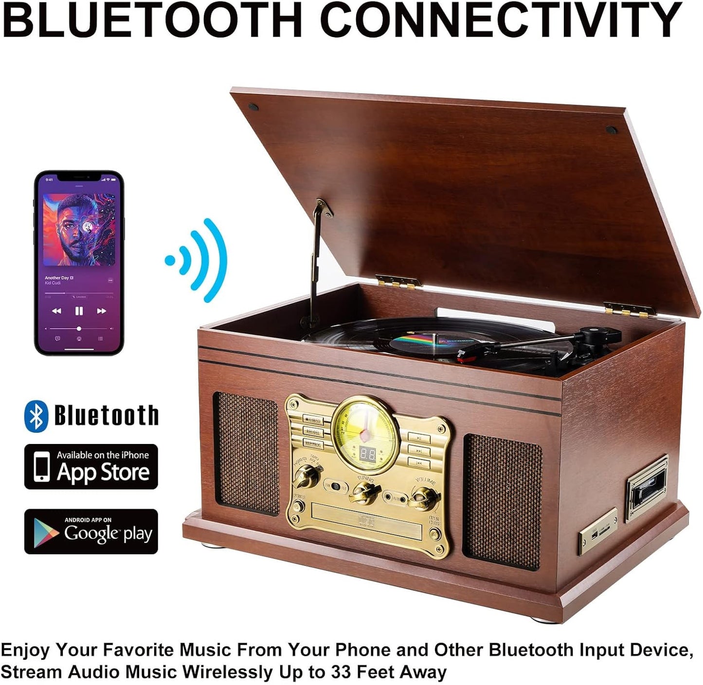 Bluetooth Record Player, 3-Speed Turntable with Speakers, LP to MP3 Converter P39757