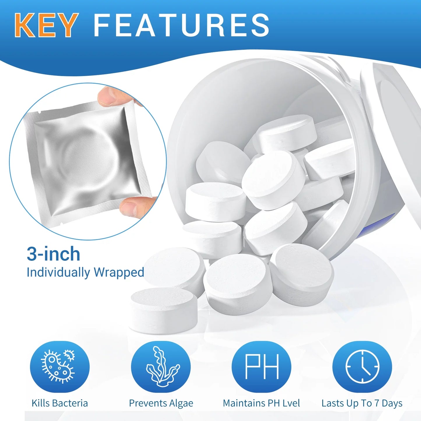 3" Individually Wrapped Chlorine Tablets for Pool, Hot Tubs, Spa D746