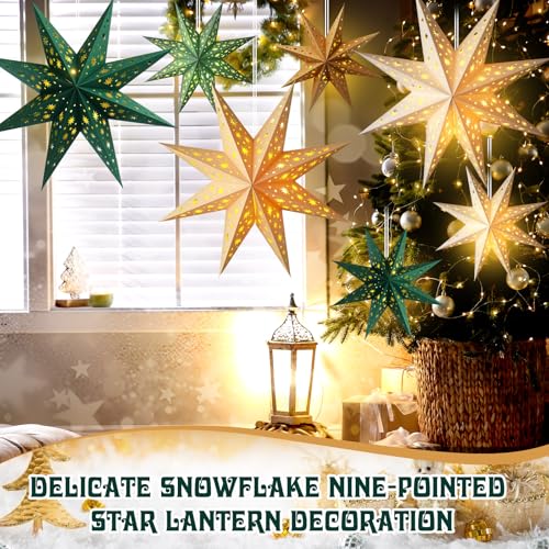 12 Pcs Christmas Paper Star Lantern 9 Point Hanging Ornament with String Light H44991