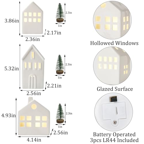 Ceramic Christmas Village Houses with LED Lights, 3 Pieces with Trees Y512