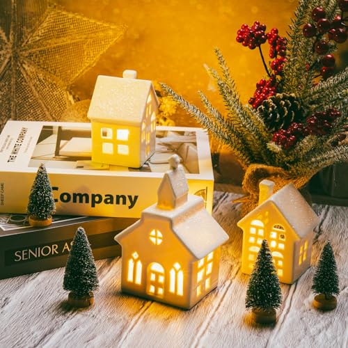 7PCS Christmas Village Sets - 3 LED Lighted Ceramic Houses with Remote & 4 Trees, Porcelain Miniature Decorations X236956