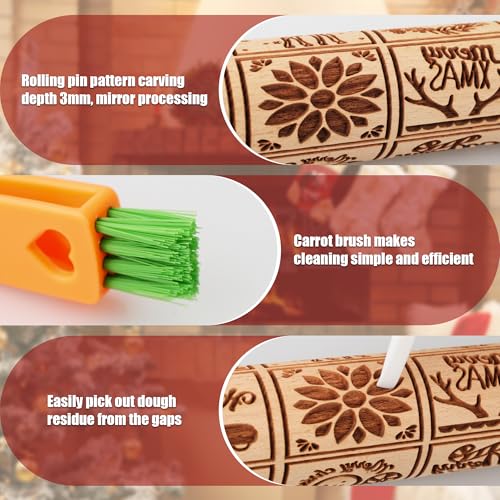 Wooden Rolling Pin for Baking with Christmas Embossed Designs, Includes Cleaning Brush O863