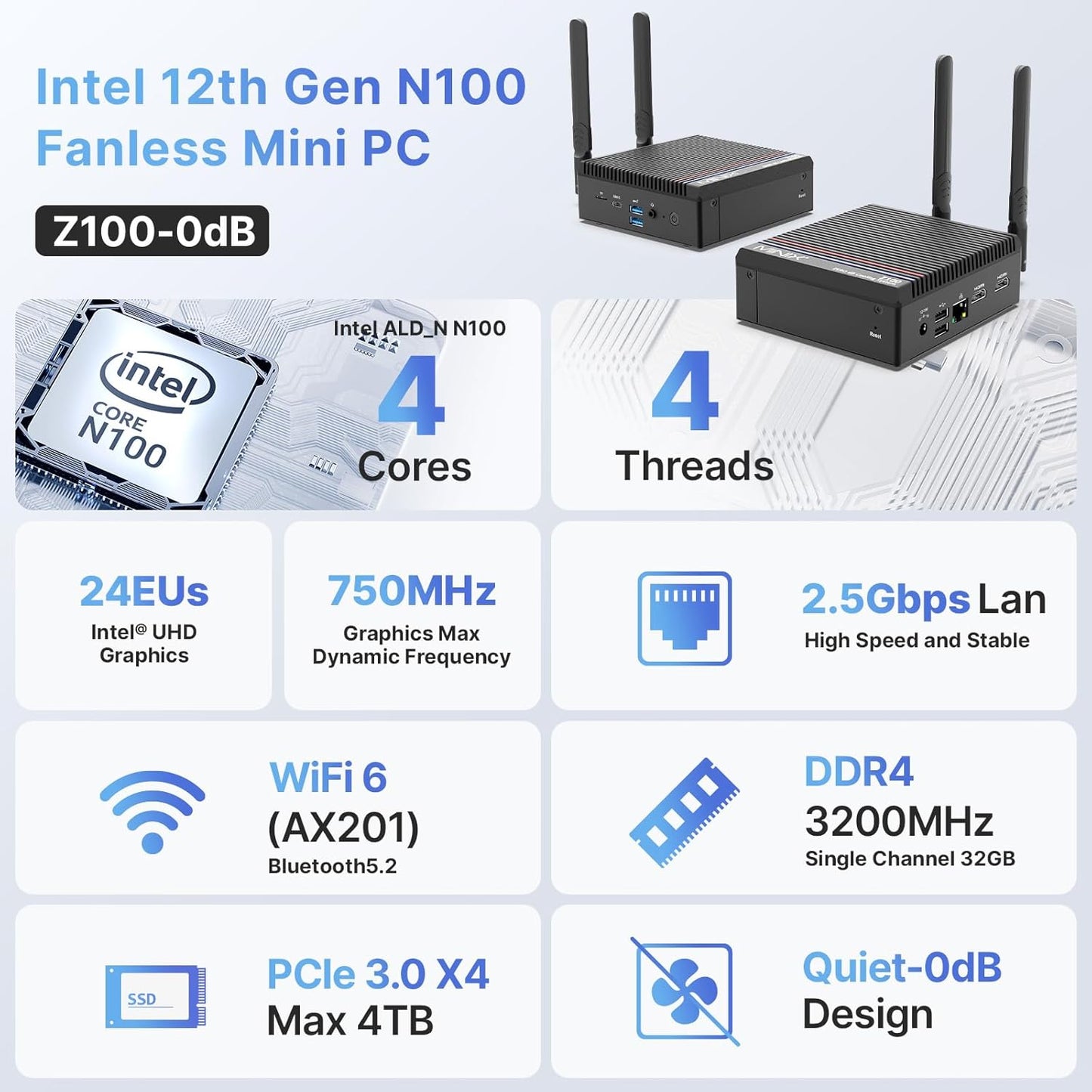 Fanless Mini PC, Intel N100, 16GB RAM, 512GB SSD, Windows 11 Pro B935