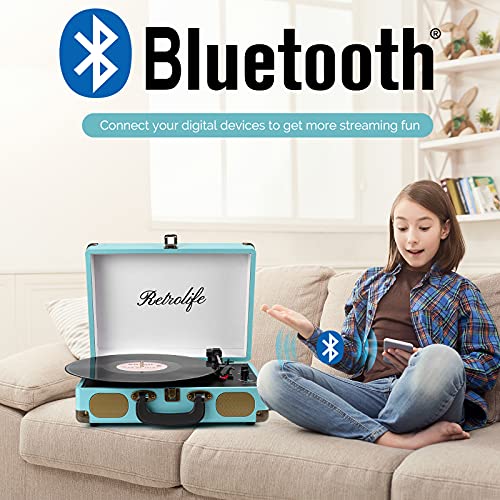 Bluetooth Portable Suitcase Vinyl Player with Built-in Speakers, 3-Speed Turntable O8180